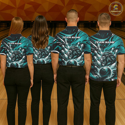 Custom Turquoise Blue Flame Bowling Ball Lion Bowling Jerseys, Lion Men Polo Bowling Shirt IPHW10350