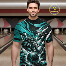 Load image into Gallery viewer, Custom Turquoise Blue Flame Bowling Ball Lion Bowling Jersey, Lion Men Quarter-Zip Bowling Shirt IPHW10350