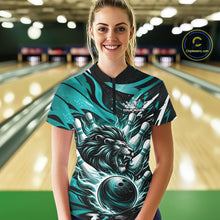 Load image into Gallery viewer, Custom Turquoise Blue Flame Bowling Ball Lion Bowling Jerseys, Women Quarter-Zip Shirt IPHW10350