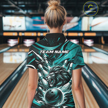 Load image into Gallery viewer, Custom Turquoise Blue Flame Bowling Ball Lion Bowling Jerseys, Women Quarter-Zip Shirt IPHW10350