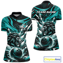 Load image into Gallery viewer, Custom Turquoise Blue Flame Bowling Ball Lion Bowling Jerseys, Women Quarter-Zip Shirt IPHW10350