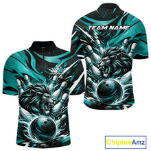 Load image into Gallery viewer, Custom Turquoise Blue Flame Bowling Ball Lion Bowling Jersey, Lion Men Quarter-Zip Bowling Shirt IPHW10350
