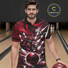 Load image into Gallery viewer, Custom Red Flame Bowling Ball Lion Bowling Jerseys, Lion Men Polo Bowling Shirt IPHW10351