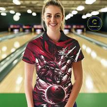 Load image into Gallery viewer, Custom Red Flame Bowling Ball Lion Bowling Jerseys, Lion Women Polo Bowling Shirt IPHW10351