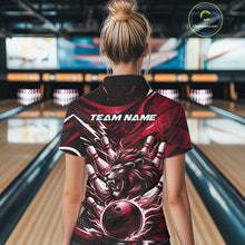 Load image into Gallery viewer, Custom Red Flame Bowling Ball Lion Bowling Jerseys, Lion Women Polo Bowling Shirt IPHW10351
