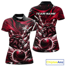 Load image into Gallery viewer, Custom Red Flame Bowling Ball Lion Bowling Jerseys, Lion Women Polo Bowling Shirt IPHW10351