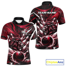Load image into Gallery viewer, Custom Red Flame Bowling Ball Lion Bowling Jerseys, Lion Men Polo Bowling Shirt IPHW10351