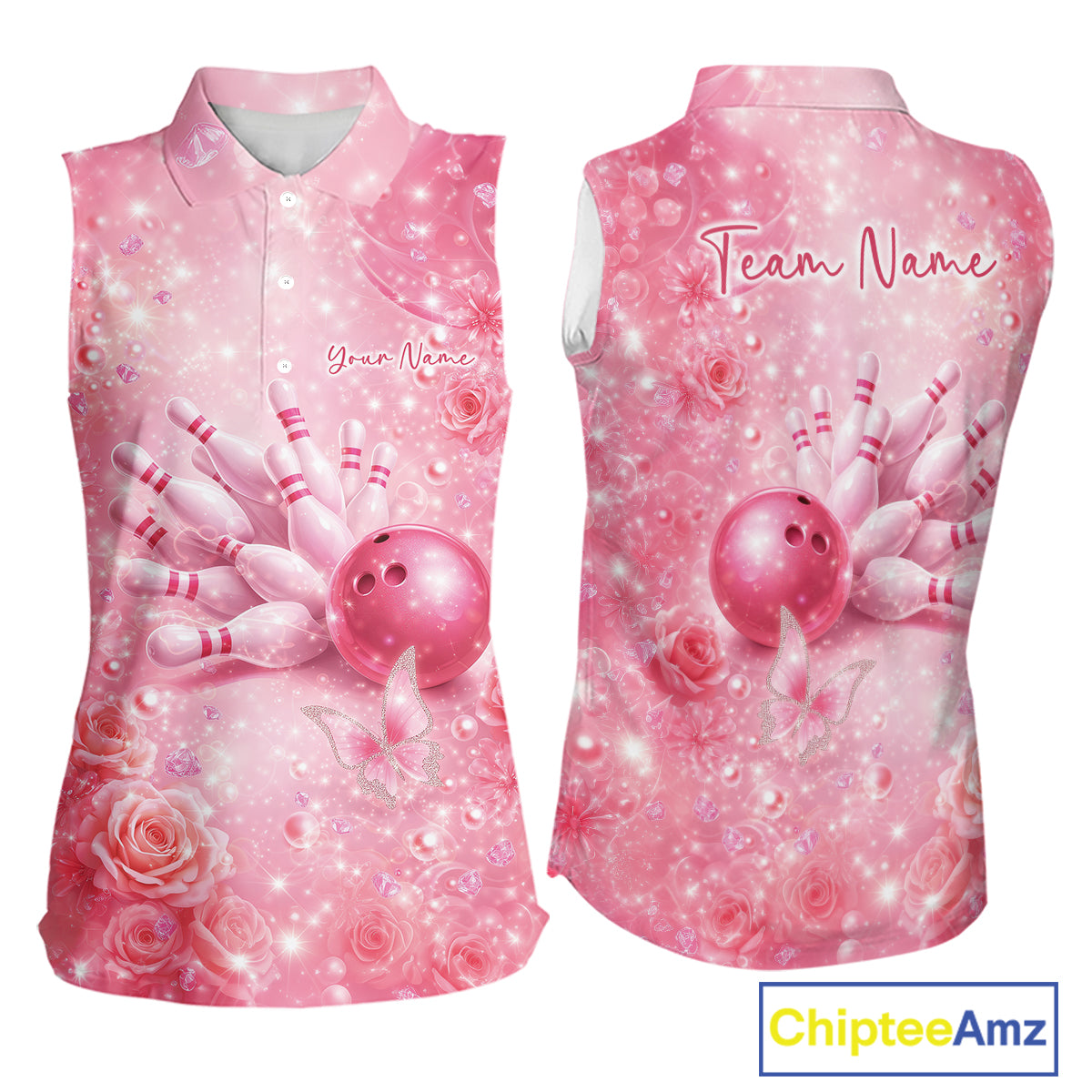 Front and back view of a women’s sleeveless bowling shirt featuring a pink bowling strike design with butterflies and glittering diamond effects.