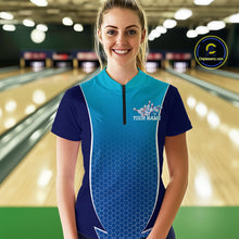 Load image into Gallery viewer, Custom Blue Bowling Team Quarter-Zip Shirts For Women, Blue Bowling Jerseys Team Uniform IPHW9429