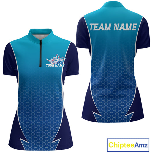 Custom Blue Bowling Team Quarter-Zip Shirts For Women, Blue Bowling Jerseys Team Uniform IPHW9429