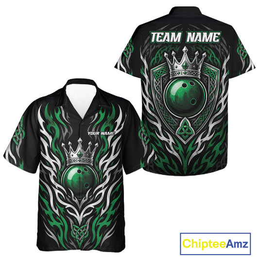 Custom Black And Green Irish Tribal Pattern Bowling Ball With Crown Men And Women Hawaiian Shirt IPHW11692
