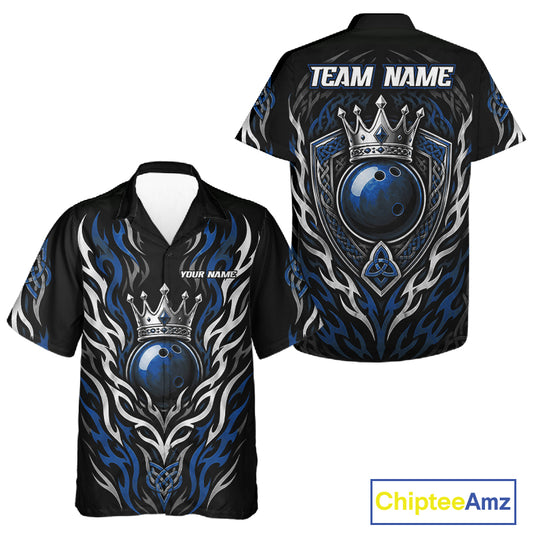 Custom Black And Blue Irish Tribal Pattern Bowling Ball With Crown Men And Women Hawaiian Shirt IPHW11694