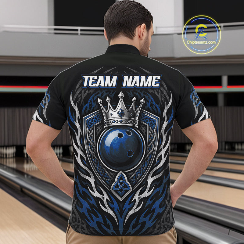 Custom Black And Blue Irish Tribal Pattern Bowling Ball With Crown Men Quarter Zip Shirt IPHW11694