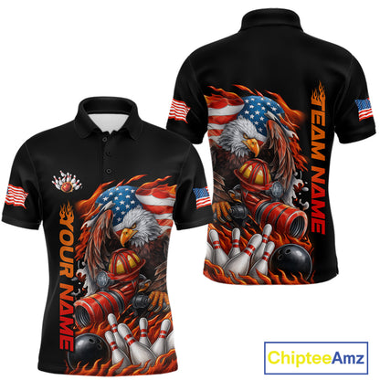 Custom Patriotic Flame Eagle Men Bowling Team Shirt, Firefighter Bowling Shirt IPHW10202