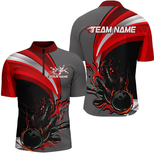 Custom Black, Red And Gray Flame Bowling Quarter-Zip Shirts For Men, Bowling Team League Shirt IPHW9273