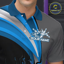 Load image into Gallery viewer, Custom Black, Blue And Gray Flame Bowling Polo Shirts For Men, Bowling Team League Shirt IPHW9274