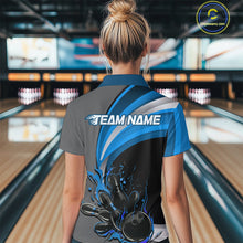 Load image into Gallery viewer, Custom Black, Blue And Gray Flame Bowling Polo Shirt For Women, Bowling Team League Shirt IPHW9274