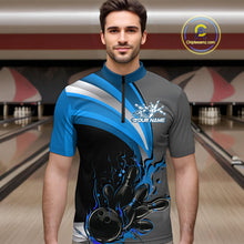 Load image into Gallery viewer, Custom Black, Blue And Gray Flame Bowling Quarter-Zip Shirts For Men, Bowling Team League Shirt IPHW9274