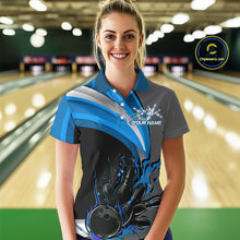 Load image into Gallery viewer, Custom Black, Blue And Gray Flame Bowling Women Quarter-Zip Shirt, Bowling League Shirt IPHW9274
