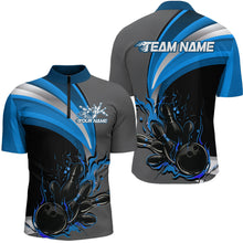 Load image into Gallery viewer, Custom Black, Blue And Gray Flame Bowling Quarter-Zip Shirts For Men, Bowling Team League Shirt IPHW9274