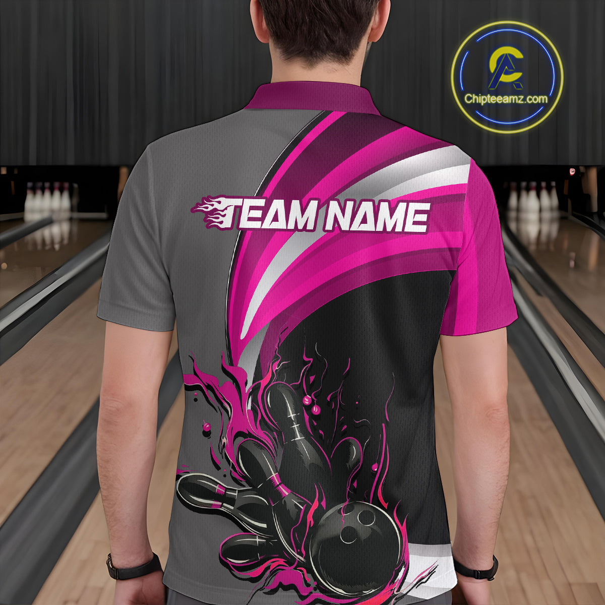 Custom Black, Pink And Gray Flame Bowling Polo Shirts For Men, Bowling Team League Shirt IPHW9275