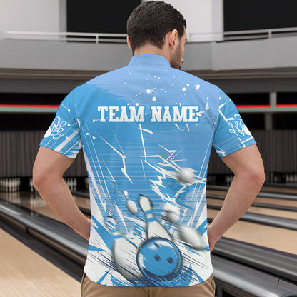 Custom White And Blue Bowling Team Men Quarter-Zip Shirts, Bowling Ball And Pins Jerseys IPHW9602