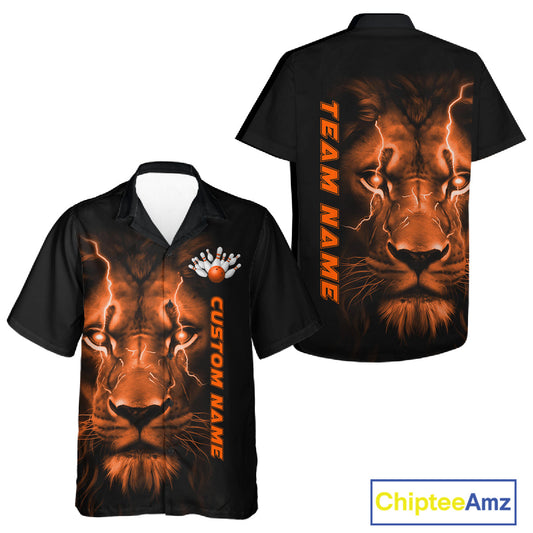 Custom Orange Thunder Lightning Lion Bowling Shirt For Men And Women, Lion Bowling Team Jerseys IPHW10669