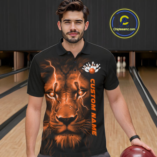 Custom Orange Thunder Lightning Lion Bowling Shirt For Men, Lion Bowling Team Jerseys IPHW10669