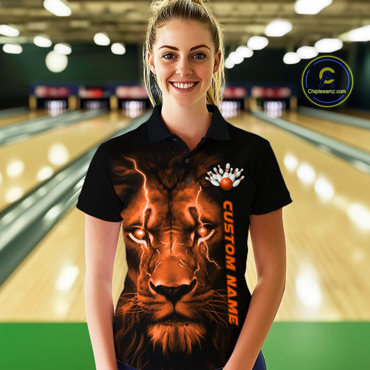 Custom Orange Thunder Lightning Lion Bowling Shirt For Women, Lion Bowling Team Jerseys IPHW10669