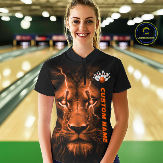 Custom Orange Thunder Lightning Lion Bowling Shirt For Women, Lion Bowling Team Jerseys IPHW10669