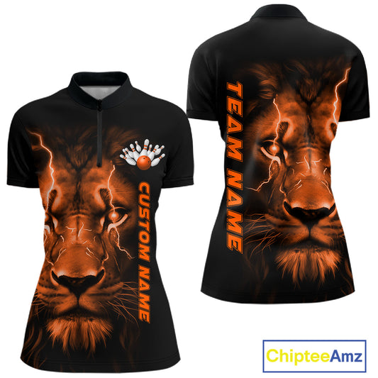 Custom Orange Thunder Lightning Lion Bowling Shirt For Women, Lion Bowling Team Jerseys IPHW10669