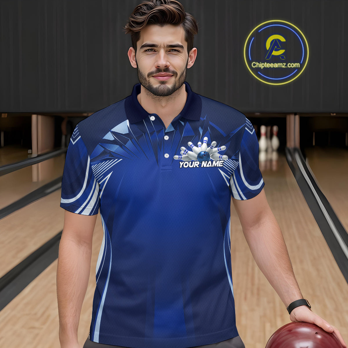 Custom Blue Bowling Tournament Bowling Polo Shirts For Men With Team Name IPHW9280