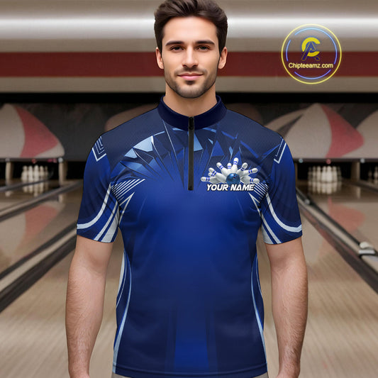 Custom Blue Bowling Tournament Bowling Quarter-Zip Shirts For Men With Team Name IPHW9280
