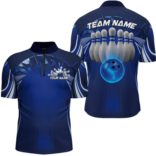 Custom Blue Bowling Tournament Bowling Quarter-Zip Shirts For Men With Team Name IPHW9280