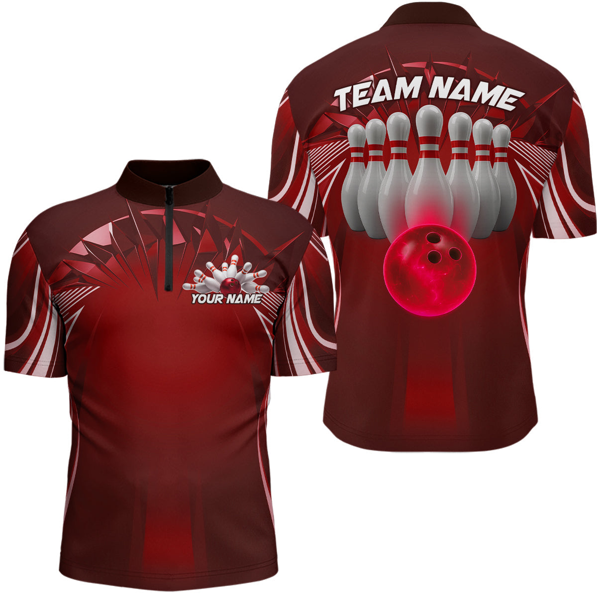 Custom Red Bowling Tournament Bowling Quarter-Zip Shirts For Men With Team Name IPHW9282