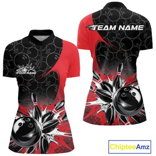 Custom Red Bowling Team Women Quarter Zip Shirt, Bowling Pattern Bowling League Shirt IPHW9623