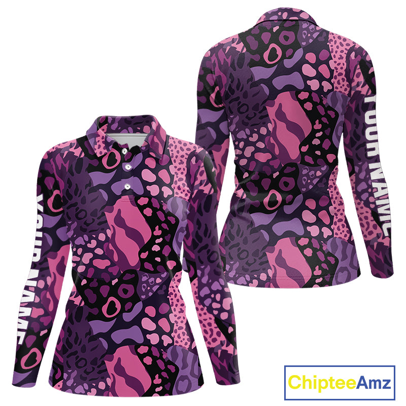 Pink and purple animal prints pattern Women Golf Polo Shirts Custom ladies golf tops, golfing gifts NQS10243