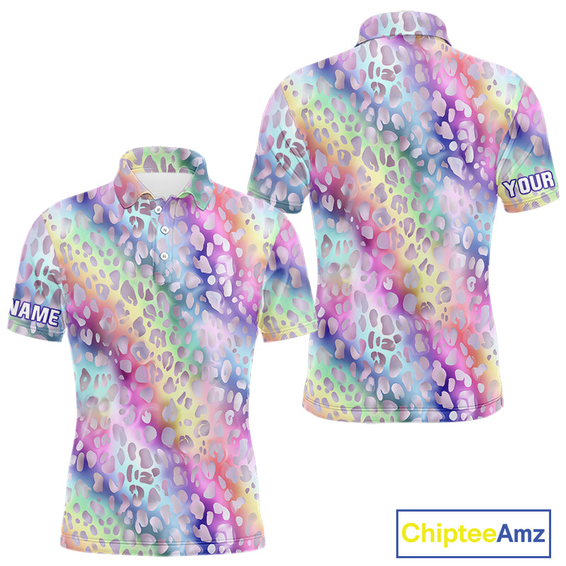 Colorful Neon Rainbow leopard pattern Mens Golf Polo Shirts Custom men's golf outfits, cool golf gift NQS10244