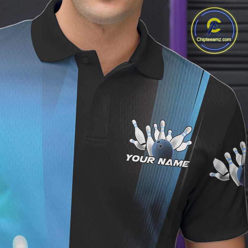 Custom Black And Blue Bowling Jerseys, Glowing Motion Graphic Bowling Men Polo Shirt IPHW9444
