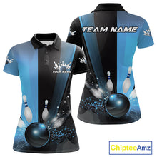 Load image into Gallery viewer, Custom Black And Blue Bowling Jerseys, Glowing Motion Graphic Bowling Women Polo Shirt IPHW9444