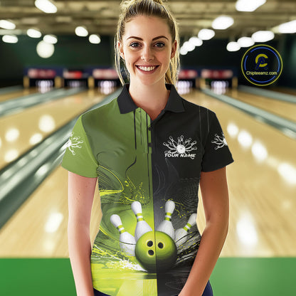 Half Black Half Green Custom Bowling Team Polo Shirts For Women, Bowling Tournament Shirt IPHW9445