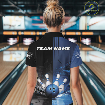 Half Black Half Blue Custom Bowling Women Quarter-Zip Shirt, Bowling Tournament Shirt IPHW9446