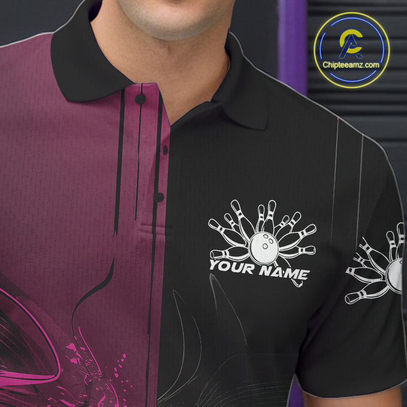 Half Black Half Pink Custom Bowling Team Polo Shirts For Men, Bowling Tournament Shirt IPHW9447