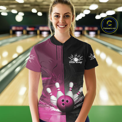 Half Black Half Pink Custom Bowling Women Quarter-Zip Shirt, Bowling Tournament Shirt IPHW9447