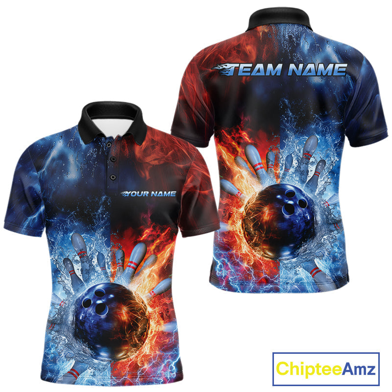 Custom Red Fire Blue Water Explosion Bowling Team Polo Shirts For Men, Bowling Uniform IPHW9448