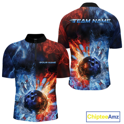 Custom Red Fire Blue Water Explosion Bowling Team Quarter-Zip Shirts For Men, Bowling Uniform IPHW9448