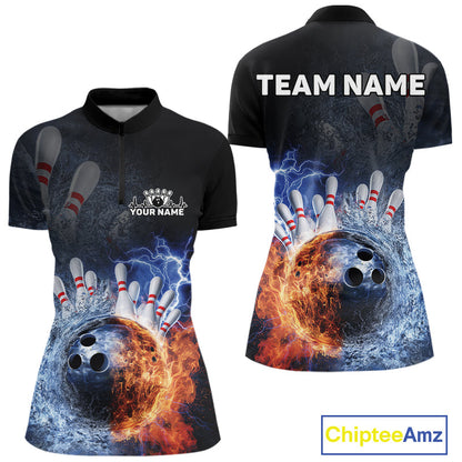 Custom Lightning, Fire And Water Splash Energy Burst Bowling Team Women Quarter-Zip Shirt IPHW9451