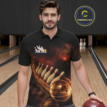 Load image into Gallery viewer, Custom Black And Gold Fire Energy Streaks Bowling Team Men Polo Shirts, Bowling Uniform IPHW9453