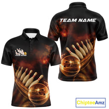 Load image into Gallery viewer, Custom Black And Gold Fire Energy Streaks Bowling Team Men Polo Shirts, Bowling Uniform IPHW9453