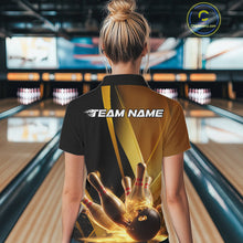 Load image into Gallery viewer, Custom Black And Glowing Gold Bowling Team Women Polo Shirts, Golden Bowling Jerseys IPHW9454